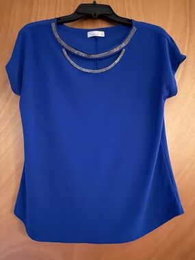89th & Madison Cobalt Blue Rhinestone-Neck Blouse